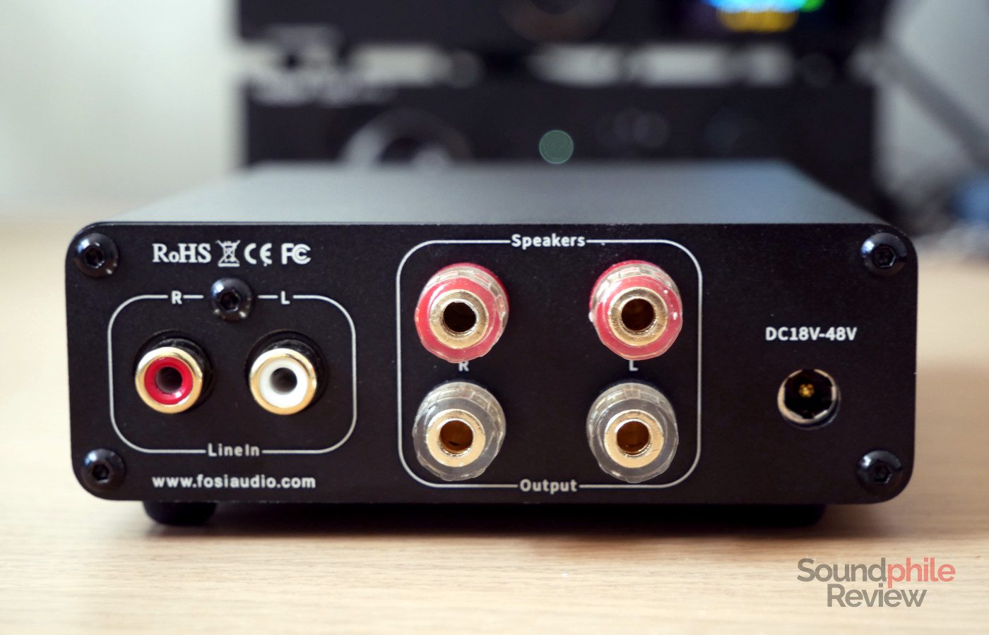 Fosi Audio TB10D hosts RCA inputs and speaker outputs on the back