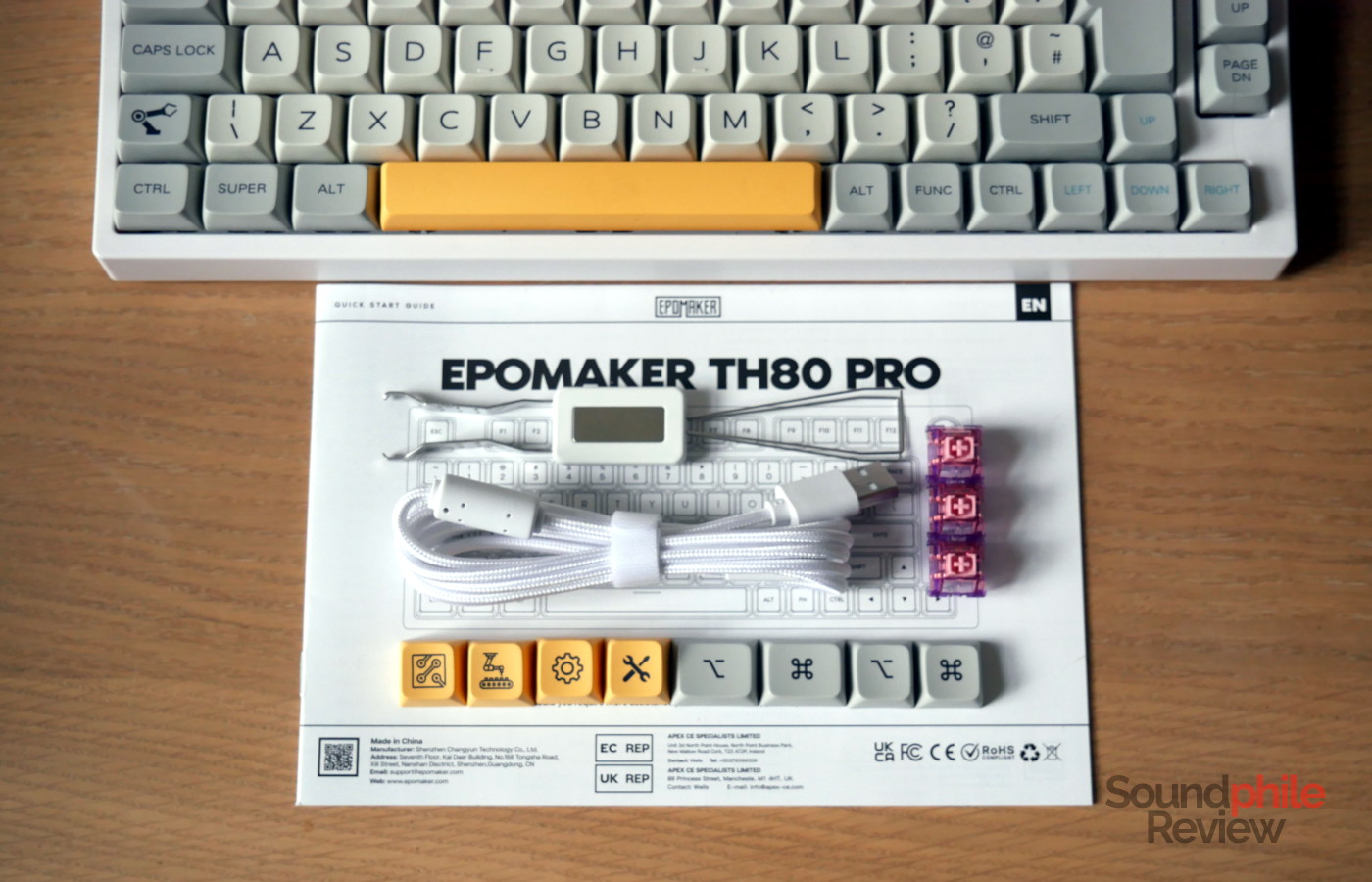 The Epomaker TH80 Pro comes with Mac keycaps, a keycap and switch puller and three spare switches