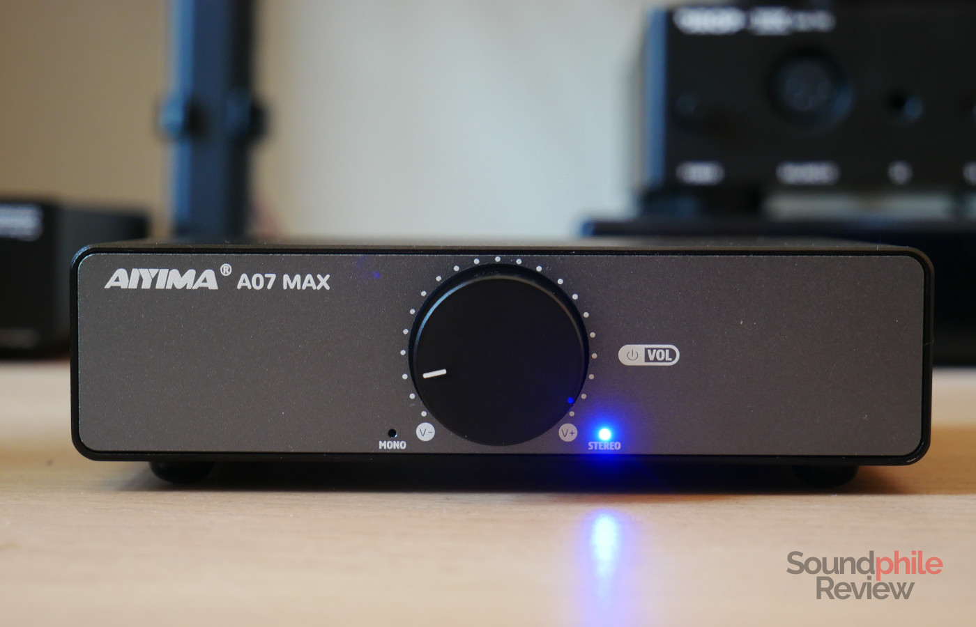 The front of the AIYIMA A07 MAX hosts the volume knob