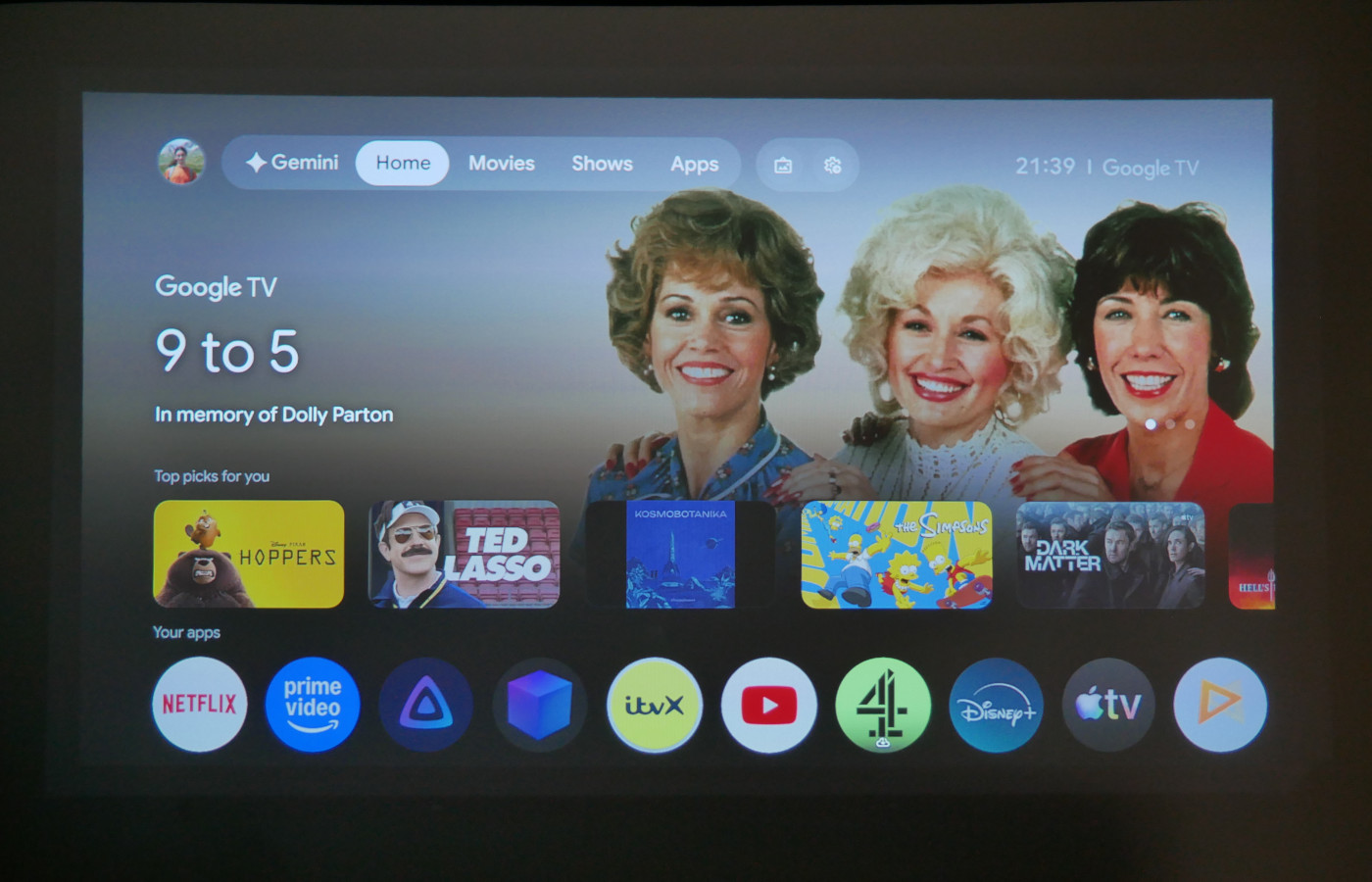 Picture of Android TV's home screen interface on the Soundcore Nebula P1