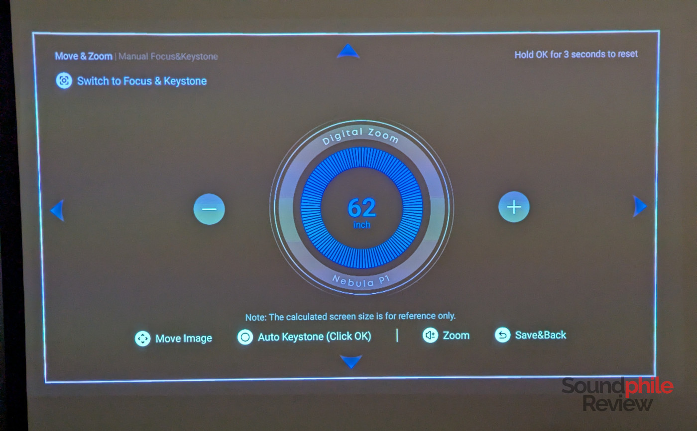 Picture that shows the interface of the Soundcore Nebula P1's UI for digital zoom and manual keystone correction