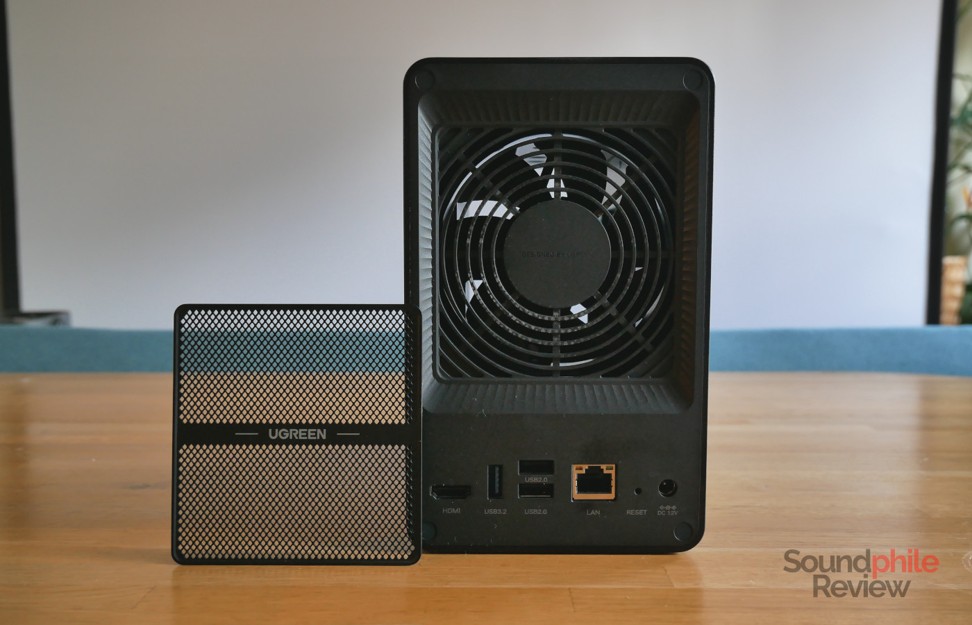 The back of the UGREEN NASync DXP2800 GT features a removable grille that acts as a dust filter.